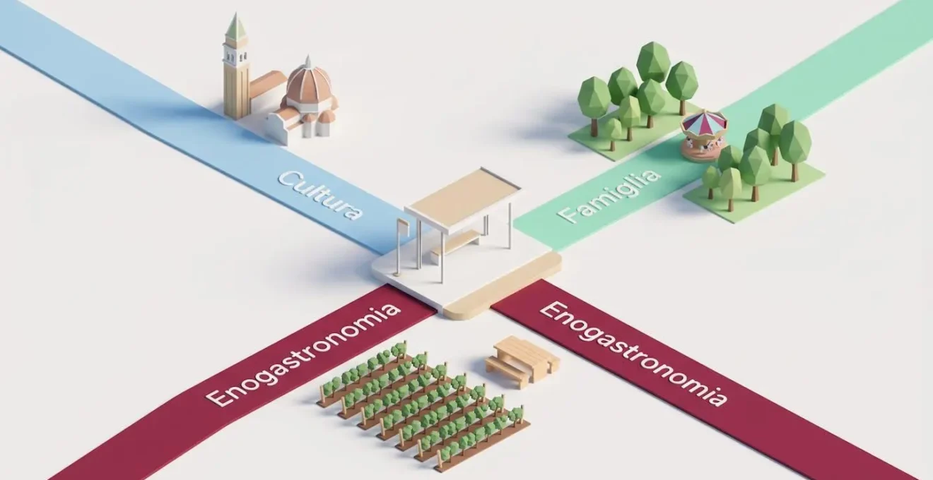 Illustrazione isometrica 3D di tre percorsi turistici che partono da fermata bus centrale verso destinazioni culturali, family e enogastronomiche
