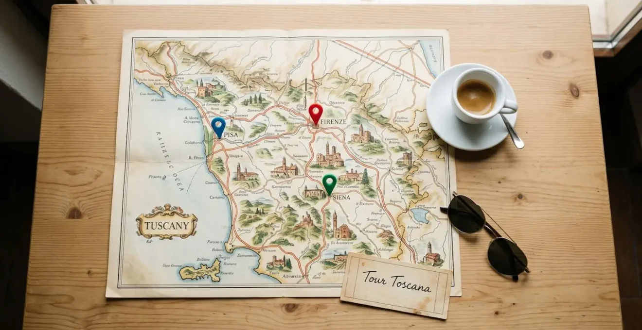 Vista dall'alto di mappa vintage Toscana con tre marker colorati su Firenze Pisa Siena, tazza caffè e occhiali da sole su tavolo legno