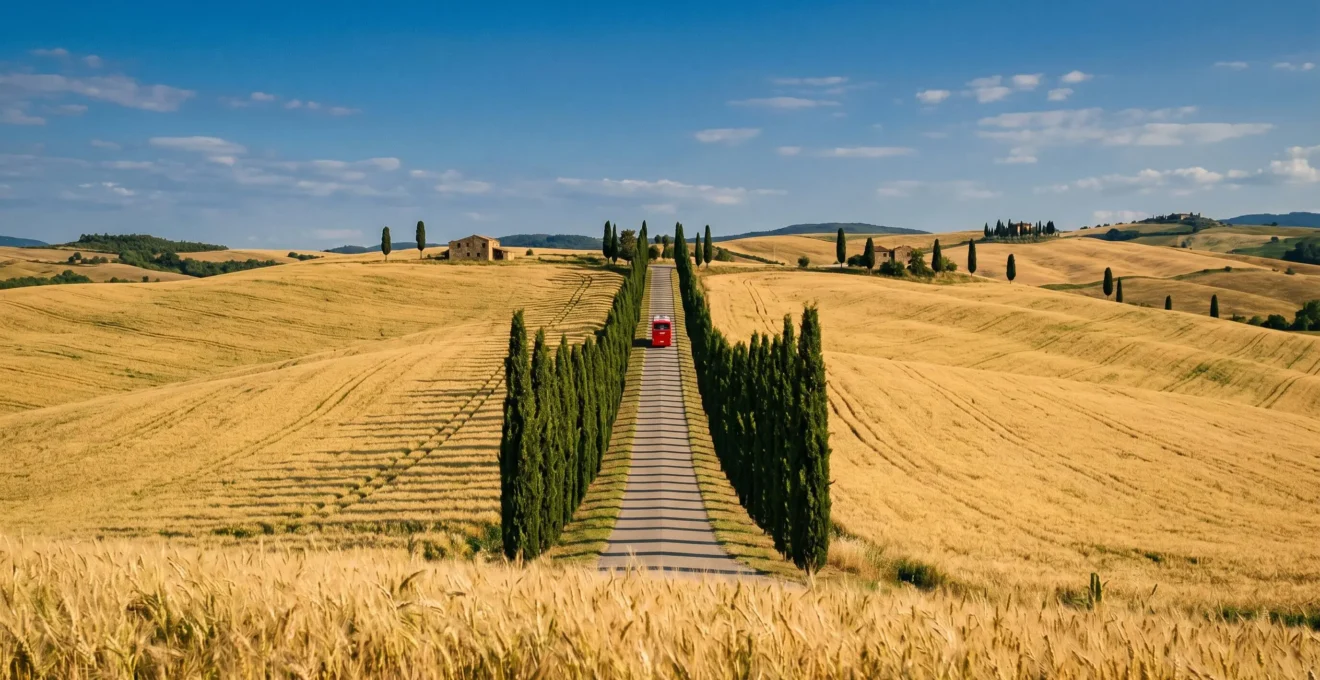 Strada di campagna toscana con colline di grano dorato, cipressi allineati e pullman turistico rosso in lontananza sotto cielo azzurro