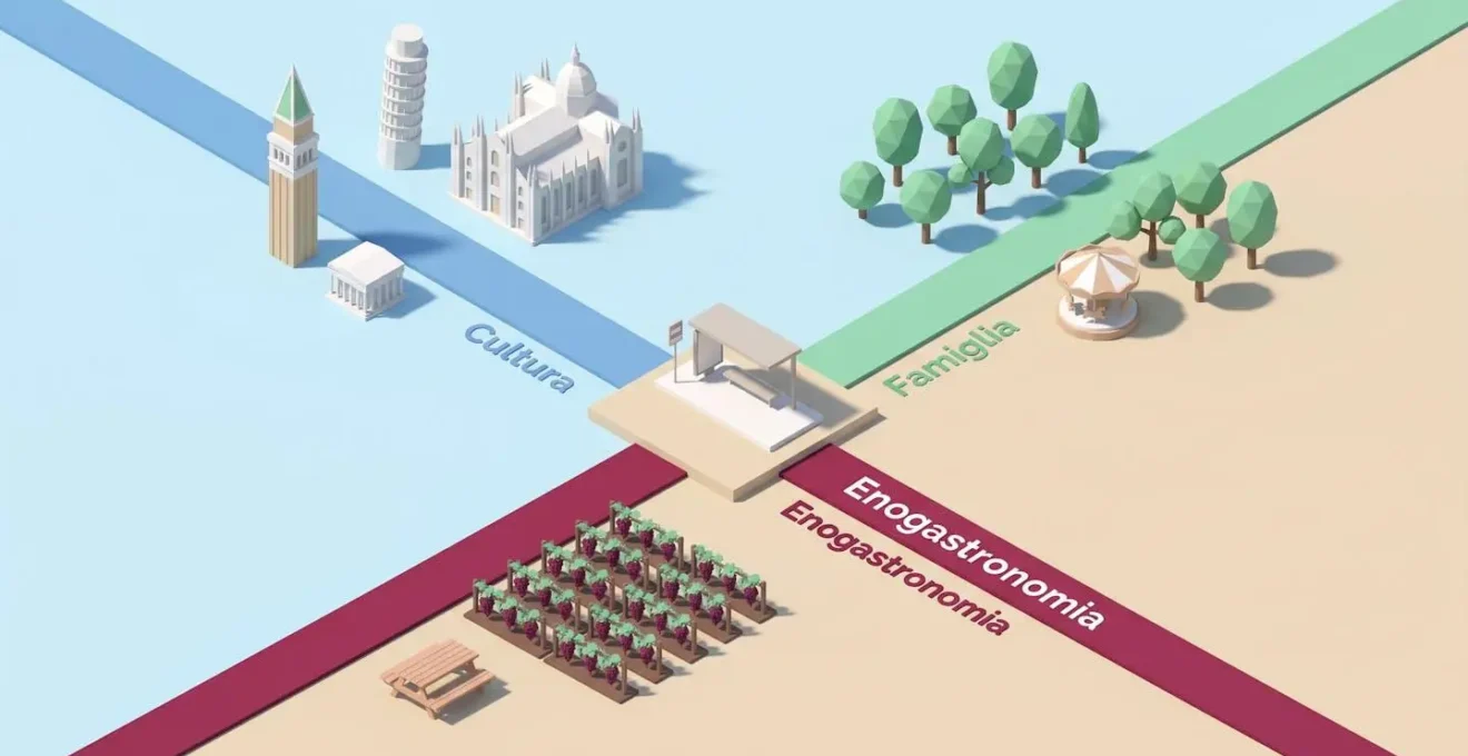 Illustrazione isometrica 3D di tre percorsi turistici che partono da fermata bus centrale verso destinazioni culturali, family e enogastronomiche