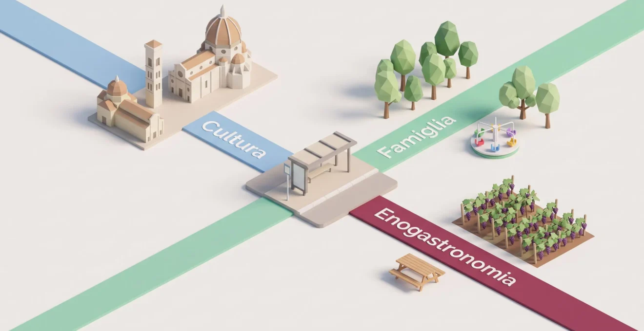 Illustrazione isometrica 3D di tre percorsi turistici che partono da fermata bus centrale verso destinazioni culturali, family e enogastronomiche