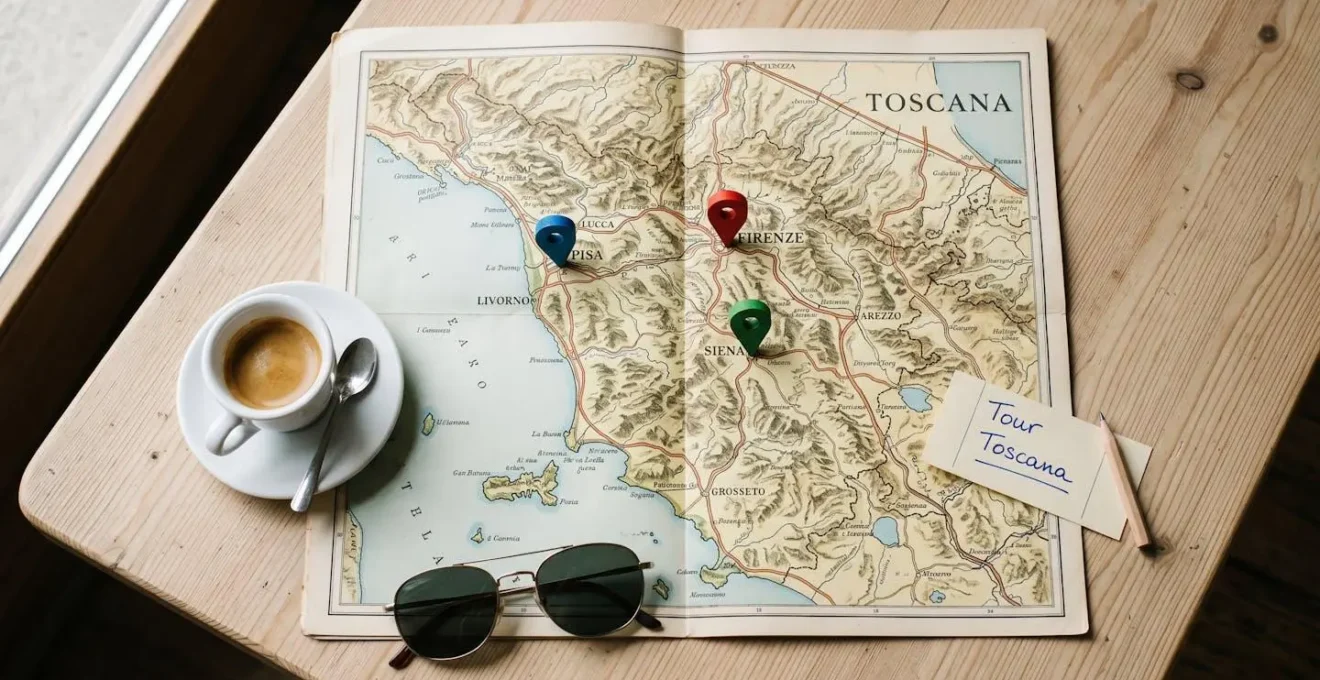 Vista dall'alto di mappa vintage Toscana con tre marker colorati su Firenze Pisa Siena, tazza caffè e occhiali da sole su tavolo legno
