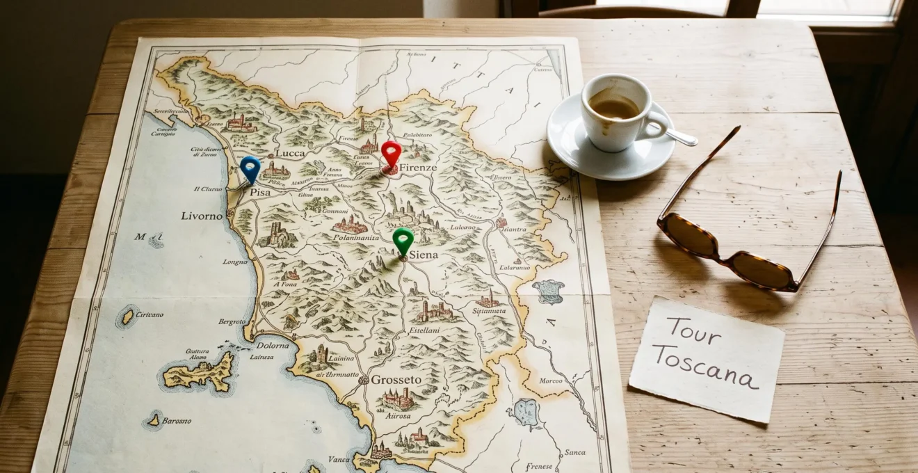 Vista dall'alto di mappa vintage Toscana con tre marker colorati su Firenze Pisa Siena, tazza caffè e occhiali da sole su tavolo legno