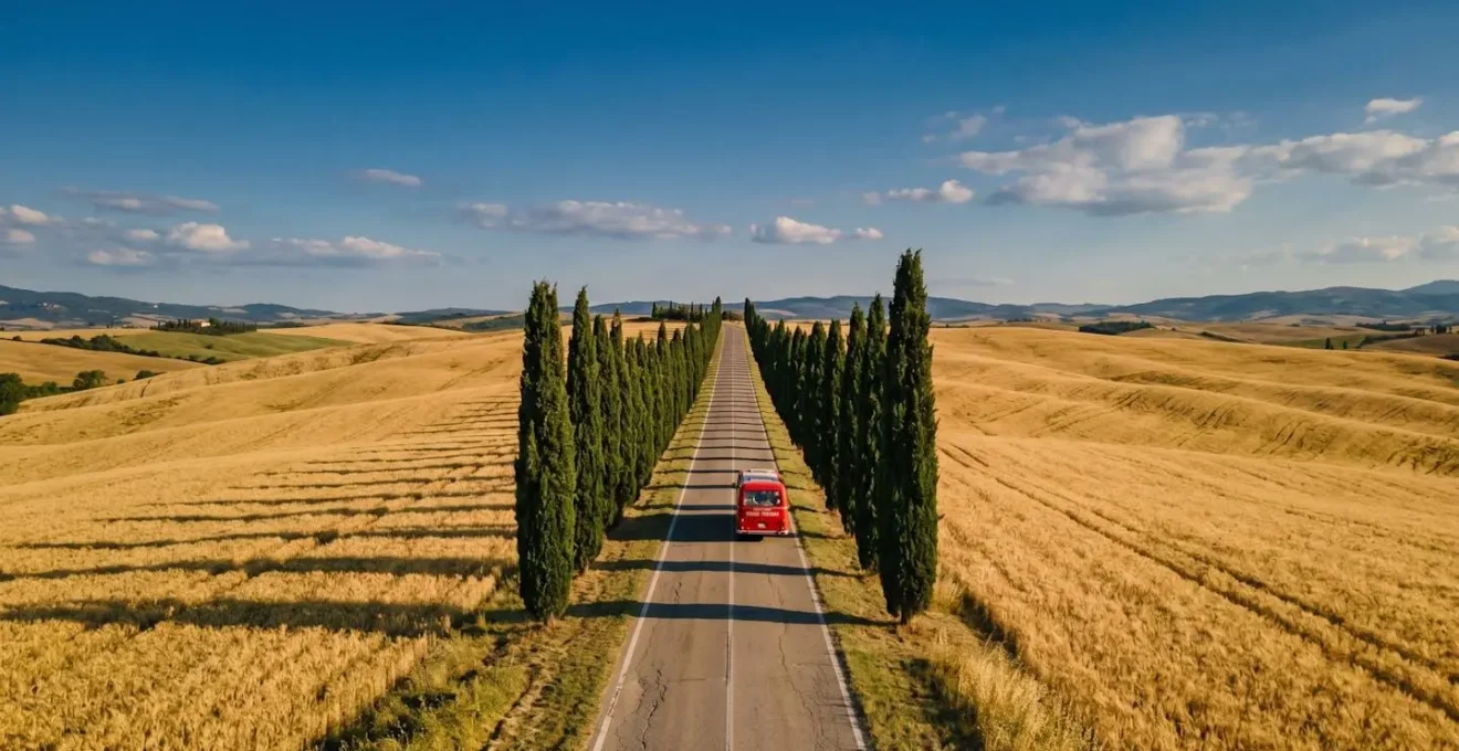 Strada di campagna toscana con colline di grano dorato, cipressi allineati e pullman turistico rosso in lontananza sotto cielo azzurro