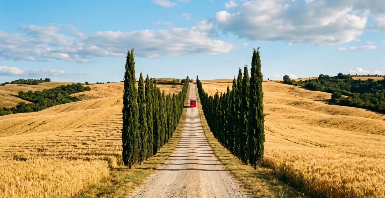 Strada di campagna toscana con colline di grano dorato, cipressi allineati e pullman turistico rosso in lontananza sotto cielo azzurro