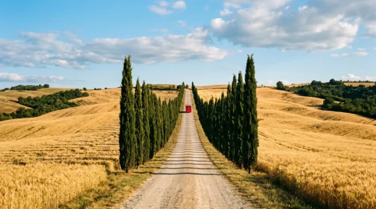 Strada di campagna toscana con colline di grano dorato, cipressi allineati e pullman turistico rosso in lontananza sotto cielo azzurro