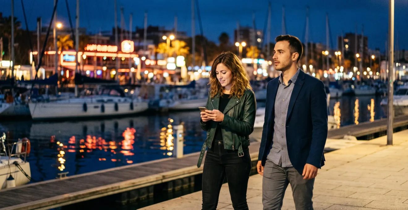 Due amici camminano di notte lungo il porto turistico del Port Olímpic a Barcellona, verso i club illuminati, uno consulta lo smartphone.