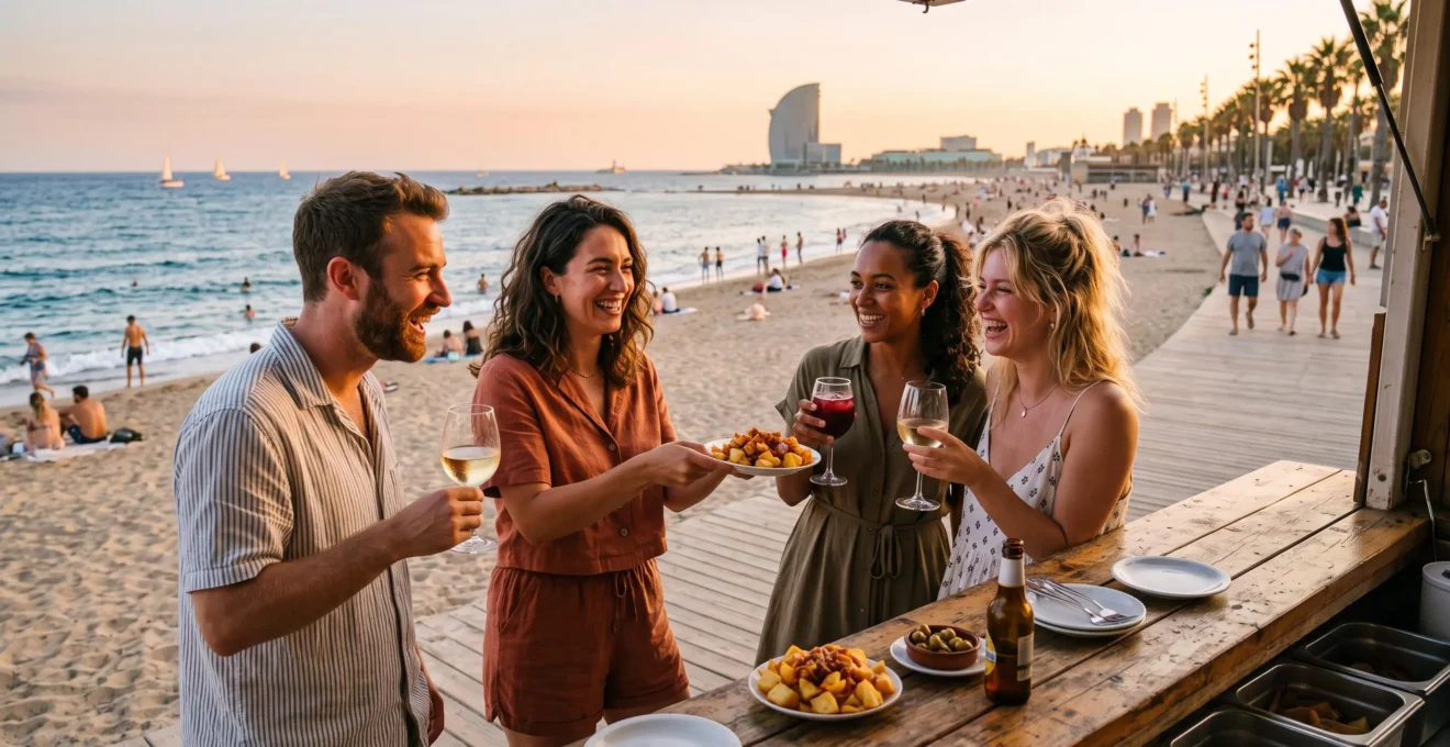 Un gruppo di amici condivide tapas e bevande su un chiringuito della passeggiata della Barceloneta a Barcellona al tramonto.