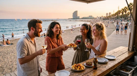 Un gruppo di amici condivide tapas e bevande su un chiringuito della passeggiata della Barceloneta a Barcellona al tramonto.