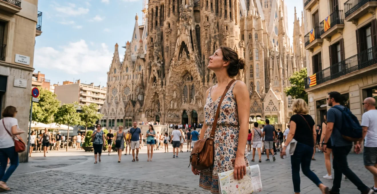 Una donna osserva la facciata della Sagrada Familia dalla strada, con una mappa in mano, sotto la luce del sole di Barcellona.